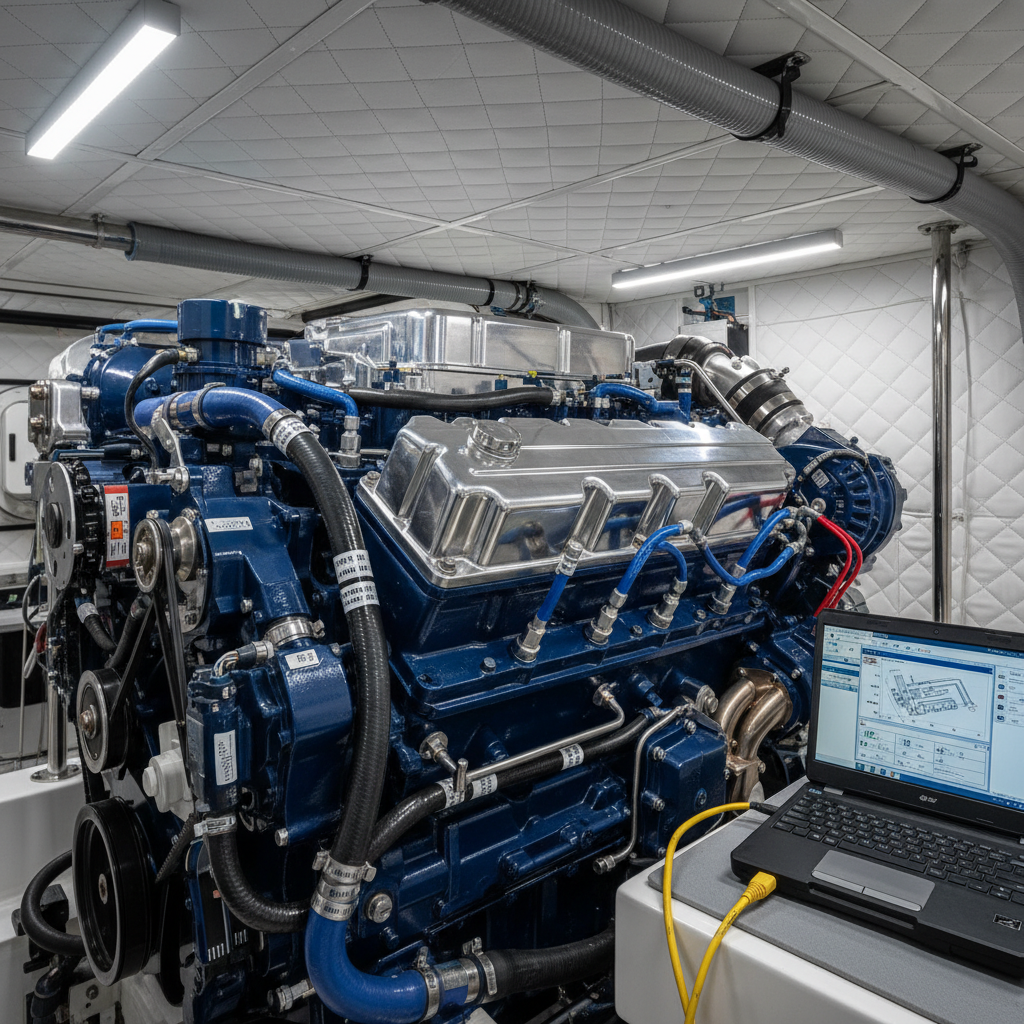 A close-up, detailed view of an inboard marine diesel engine installed in a yacht, the metallic components clean and organized, with color-coded hoses, labeled wiring looms, and a diagnostic laptop connected via a neatly routed cable. The engine bay is lined with white sound-insulation panels and tidy conduit runs. Cool, neutral-toned LED work lights illuminate the compartment evenly, creating gentle reflections on machined metal surfaces and casting soft, controlled shadows. Shot from a slightly elevated angle to reveal the entire engine layout, with crisp focus on valves, belts, and connectors. The background falls into mild blur, keeping attention on the diagnostics setup. The atmosphere is technical, precise, and competent, rendered in clean photographic realism with a corporate, structured visual style.