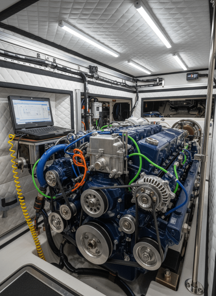 A close-up, detailed view of an inboard marine diesel engine installed in a yacht, the metallic components clean and organized, with color-coded hoses, labeled wiring looms, and a diagnostic laptop connected via a neatly routed cable. The engine bay is lined with white sound-insulation panels and tidy conduit runs. Cool, neutral-toned LED work lights illuminate the compartment evenly, creating gentle reflections on machined metal surfaces and casting soft, controlled shadows. Shot from a slightly elevated angle to reveal the entire engine layout, with crisp focus on valves, belts, and connectors. The background falls into mild blur, keeping attention on the diagnostics setup. The atmosphere is technical, precise, and competent, rendered in clean photographic realism with a corporate, structured visual style.